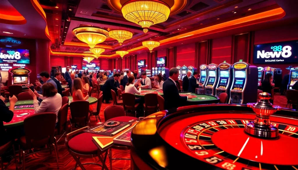 Experience the thrill of New88's vibrant casino atmosphere with players enjoying roulette and slot machines.