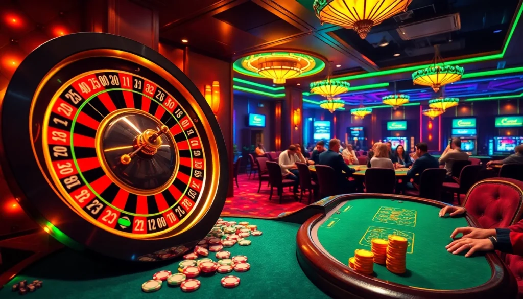 Experience cakhia excitement with players at a busy poker table under vibrant casino lights.