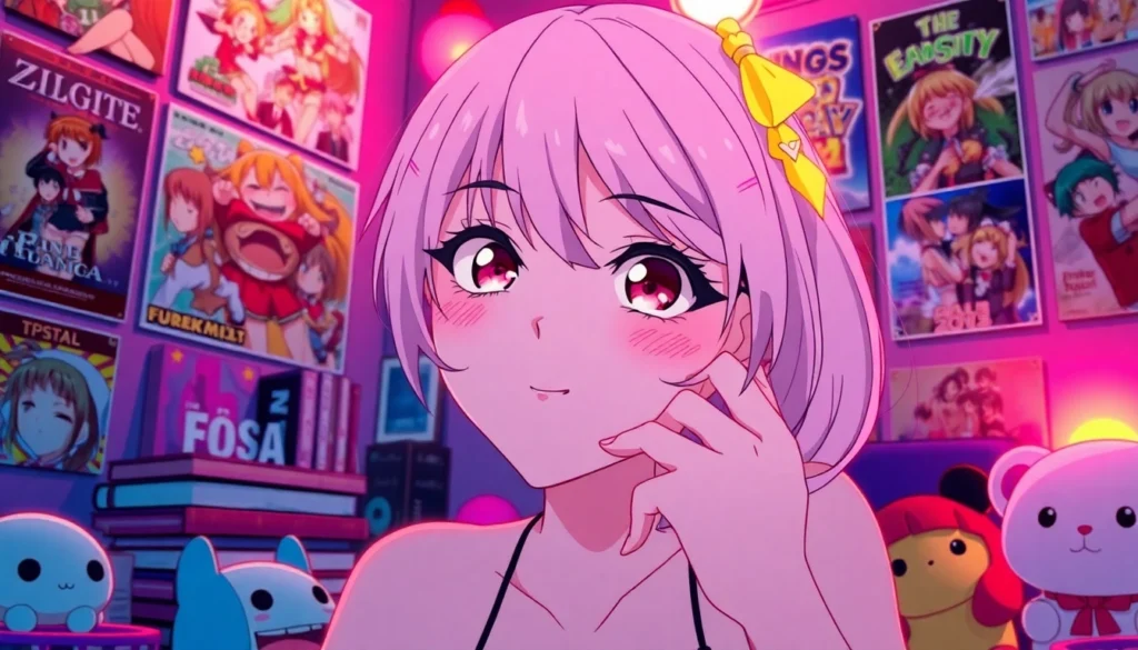 Anime sex scene featuring a playful character in a cozy room with vibrant colors and anime decor.