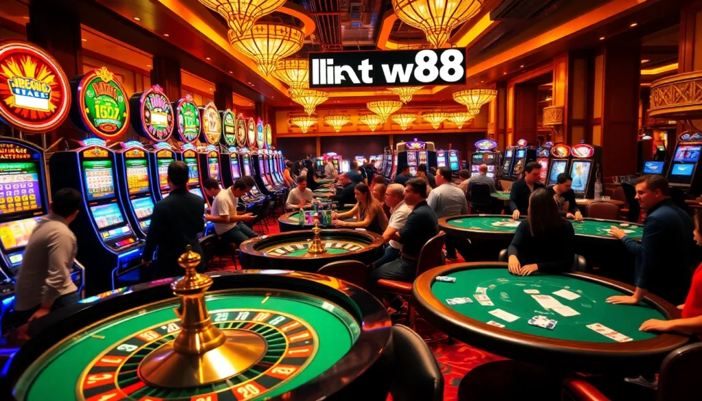 Engaging players at the casino observe a roulette wheel while the 'link vao w88' banner highlights online betting options.