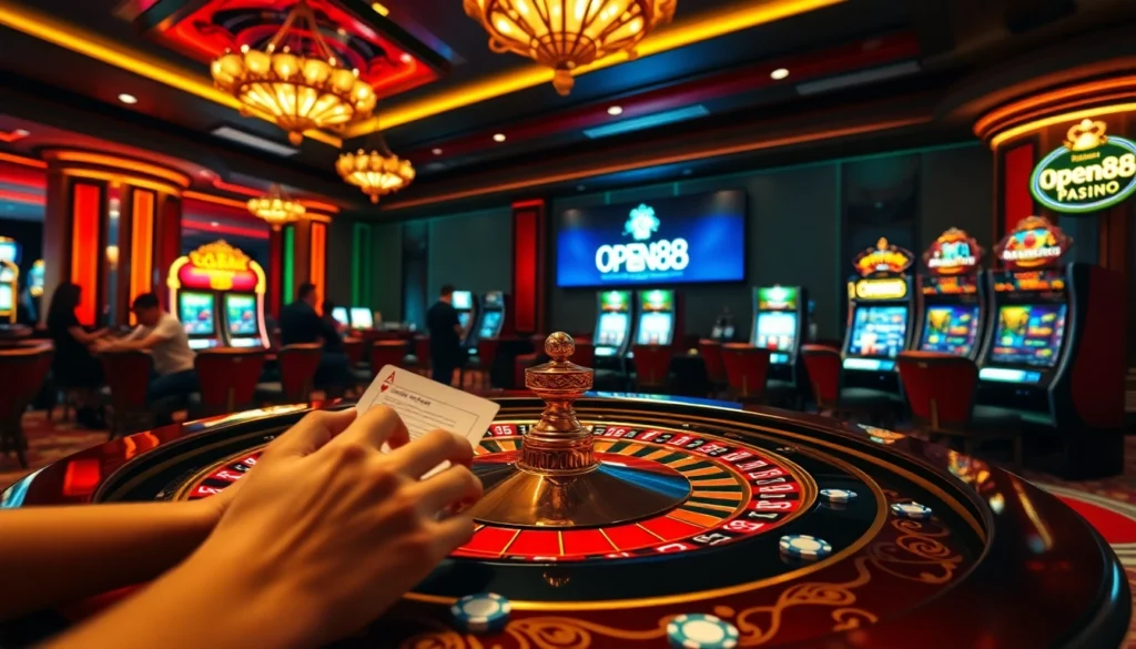 OPEN88 casino players celebrating wins at a roulette table, colorful chips and cards visible.